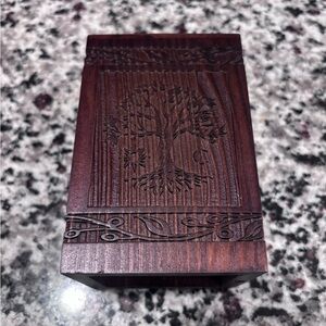 Carved Wooden Trinket Box with Tree of Life Design - Dark Brown